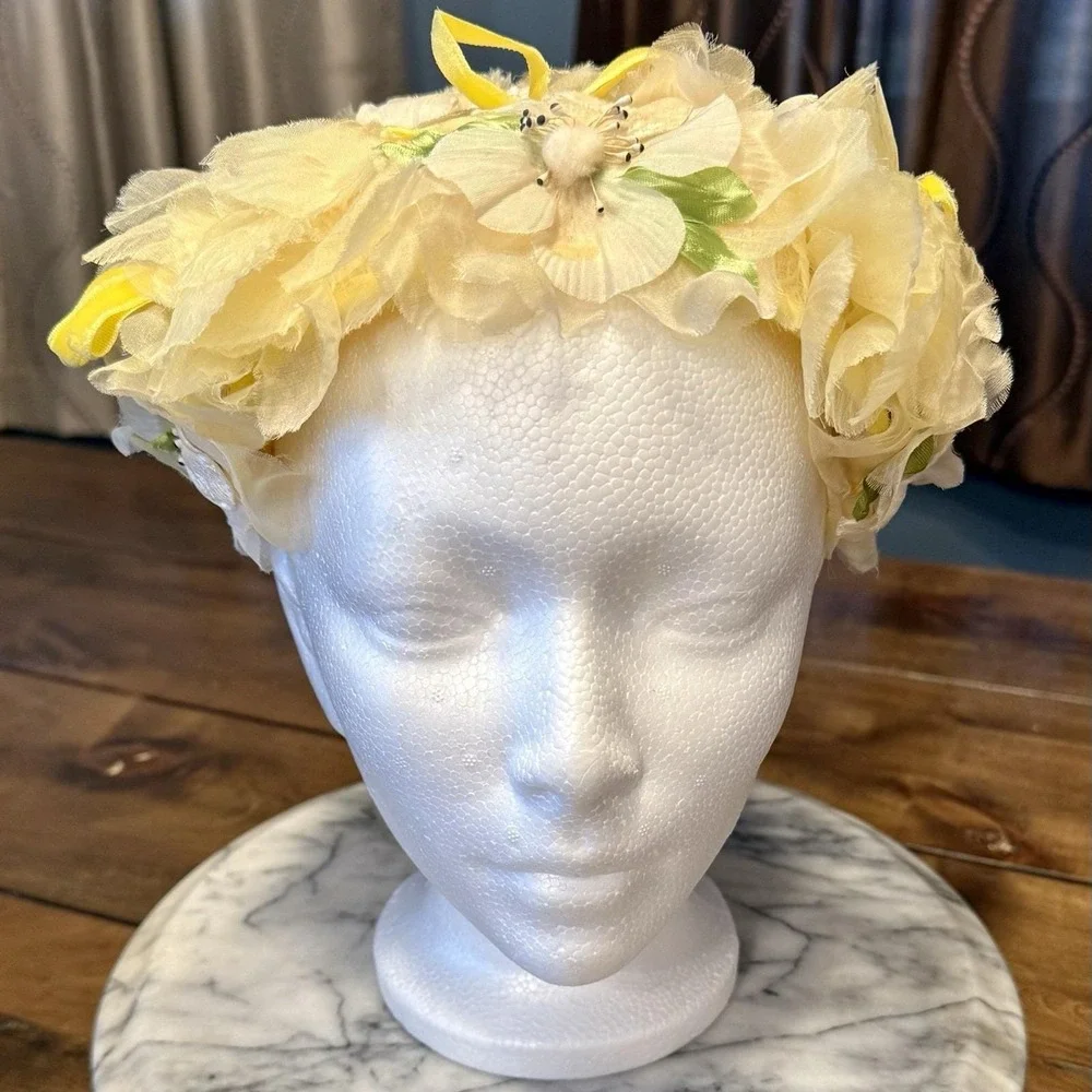 VTG 1950s 50s MCM Women Cream Floral Yellow Velvet Trim Hat Cap‎ Lace Lined